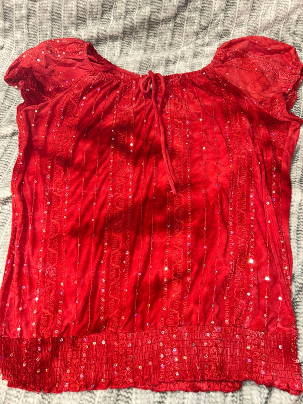 dressbarn Red Sequin Peasant Blouse
